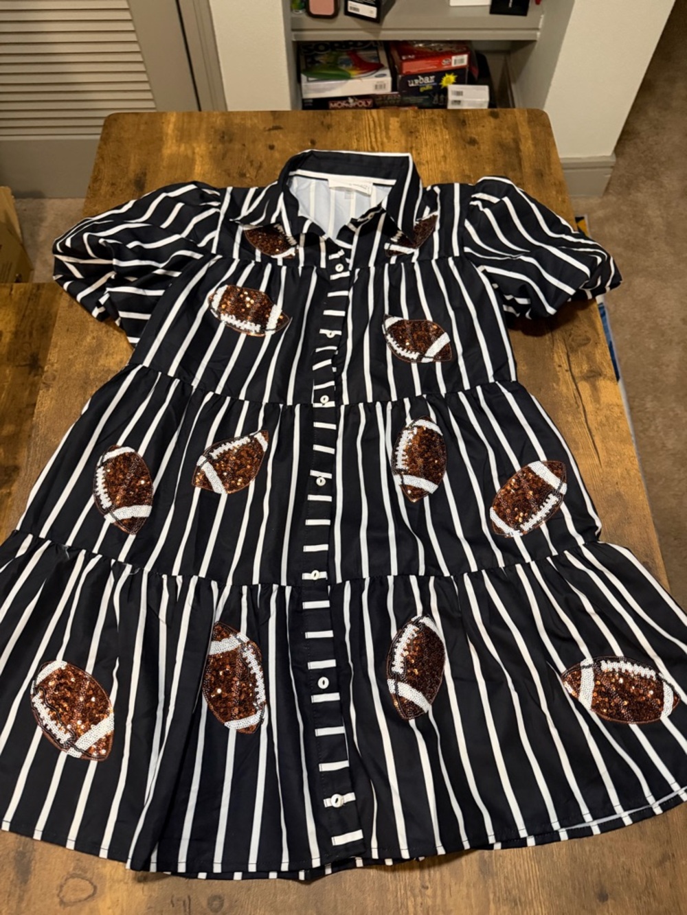 Impressions Navy & White Striped Dress with Sequin Footballs